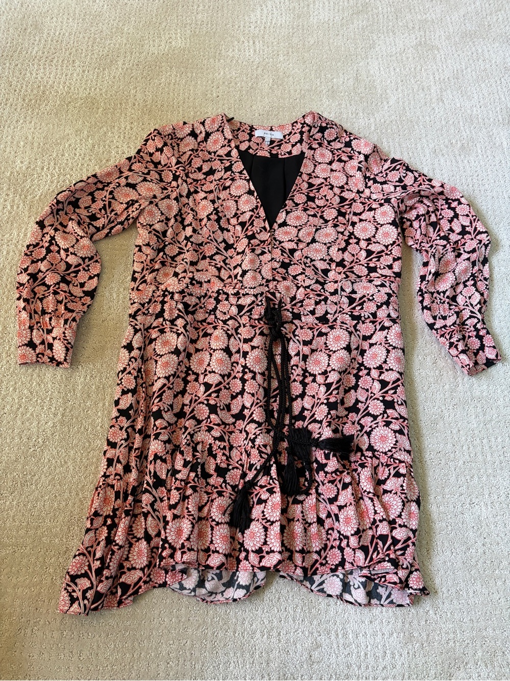 Reiss Floral Flip Dress Size 8 Black Coral with Tassels